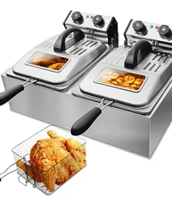 Stainless Steel Dual Tank Electric Deep Fryer with 2 Baskets & Lids Countertop Kitchen Frying Machine w/Temperature Control