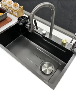Kitchen Sink Feiyu Waterfall Sink 304 Stainless Steel Black Sink with Cup Washer And Knife Holder Kitchen Household Washbasin